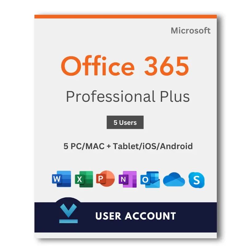 Microsoft Office 365 for 5 users, Computers. Works with Mac, Pc, Tablet, Windows, Desctop, Laptop.