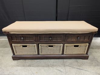 Rustic Dark Wood Storage Bench with Cushioned Top and Wicker Baskets