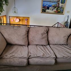 Used Suede Overstuffed Pillow Top Couch N Chair With Ottoman