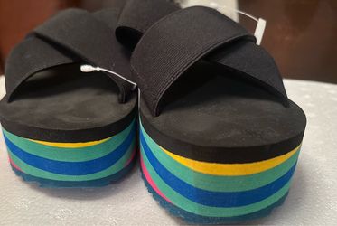 Black Platform Wedge Sandals with Rainbow Stripes
