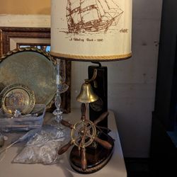 Mid-Century Nautical Ship Wheel and Bell Lamp, Signed With Whaling Bark 1840 Shade