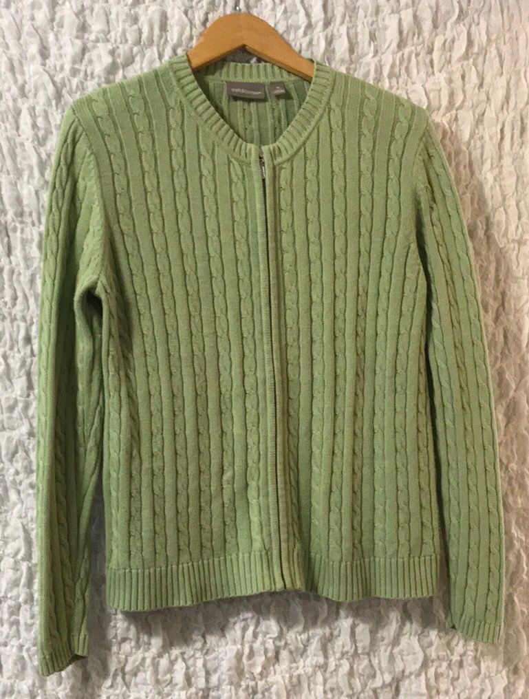 croft & barrow: Green, Cotton, Cable Knit, Full Zippered Cardigan, Size: Medium 