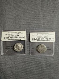 Two Roman coins. Ancient rome. Silver denarius / Dos monedas romanas. Antigua Roma. Denario de plata.
