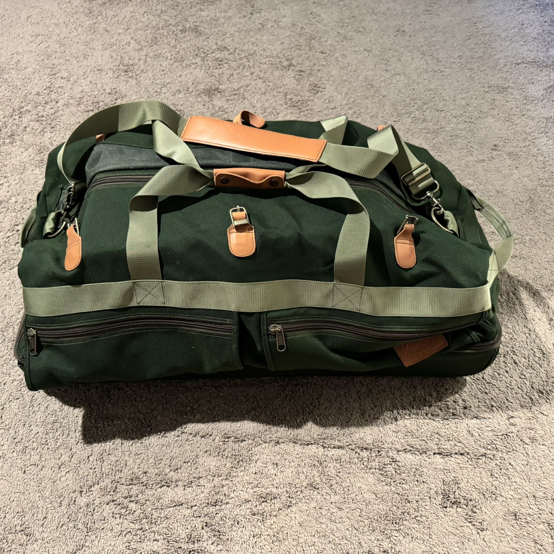 Vintage Field And Stream Military Duffle - Heavy Duty Canvas Bag with Green and Leather Accents