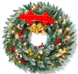 24-Inch Pre-Lit Christmas Wreath with Red Bow and Gold Bells