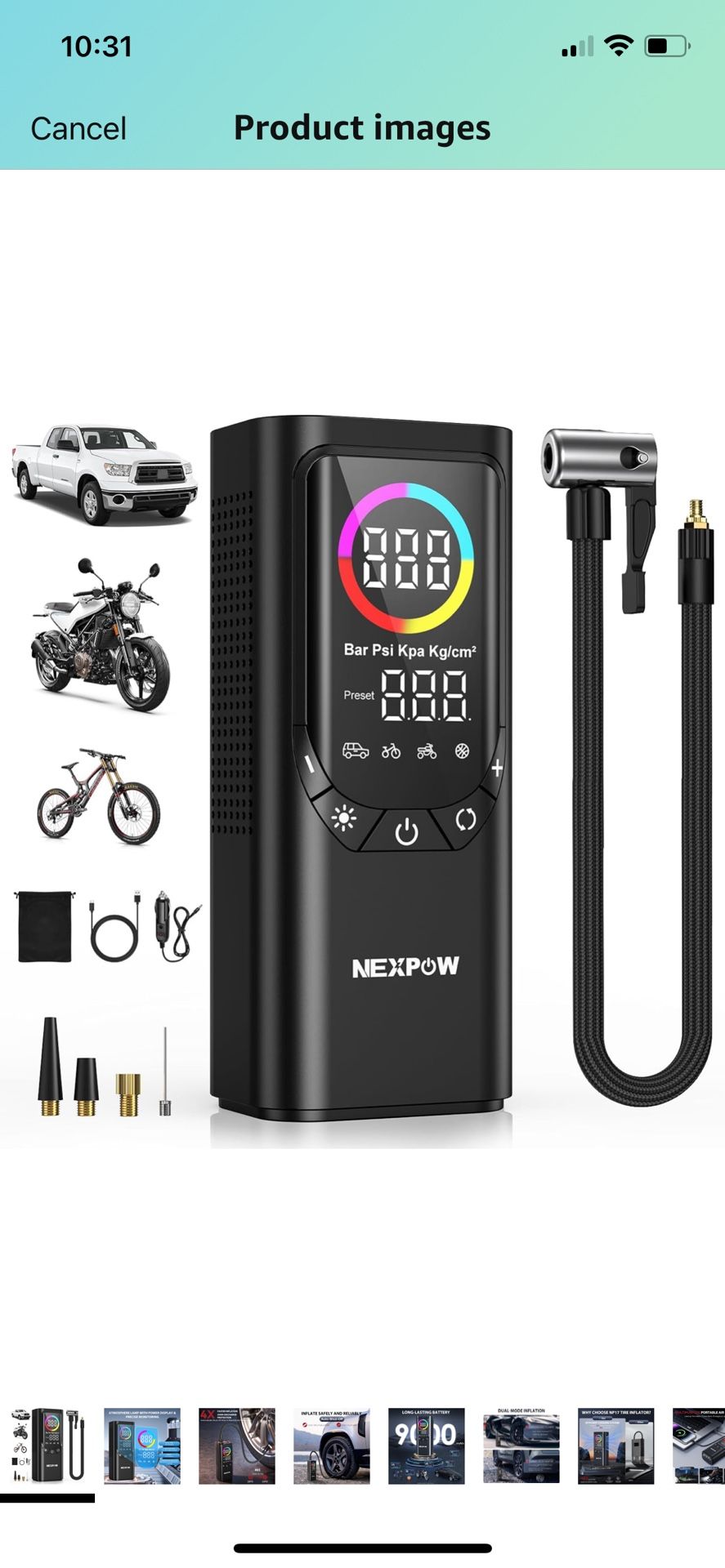 Tire Inflator Portable Air Compressor, NEXPOW 150PSI & 9000mAh Cordless Air Pump with Digital Tire Pressure Gauge, Accurate Dual LCD Display & LED Lig