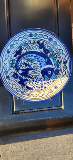 Vintage Le Souk Tunisian Majolica Wall Plate – Hand-Painted Cobalt Blue Fish (8") #15