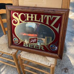 Vintage 1981 SCHLITZ BEER MIRROR Red + Gold Foil Stained Oak Framed 27"x21"