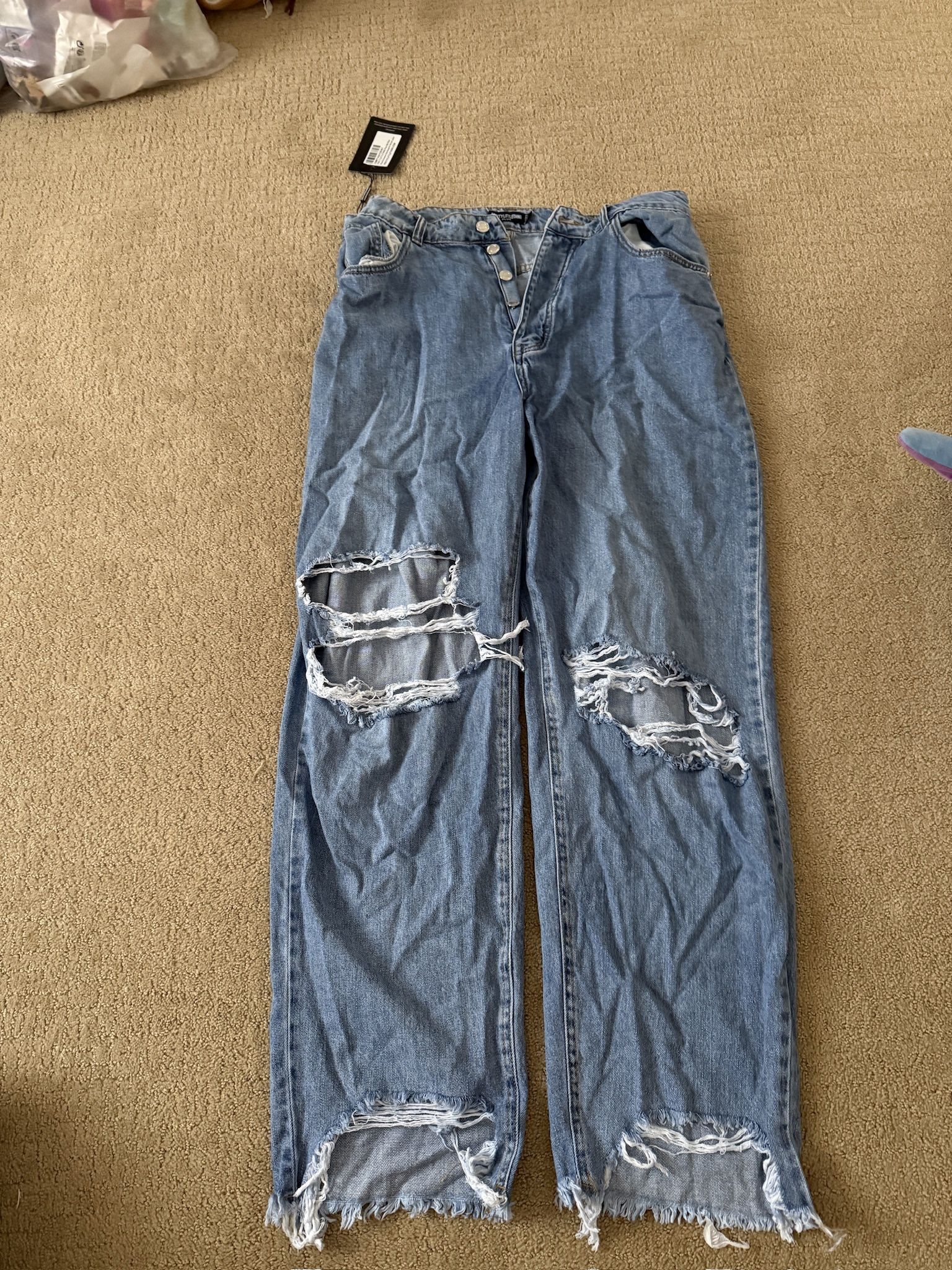 PrettyLittleThing Plus Mod Blue Wash Extreme Distressed Jeans – Size 12