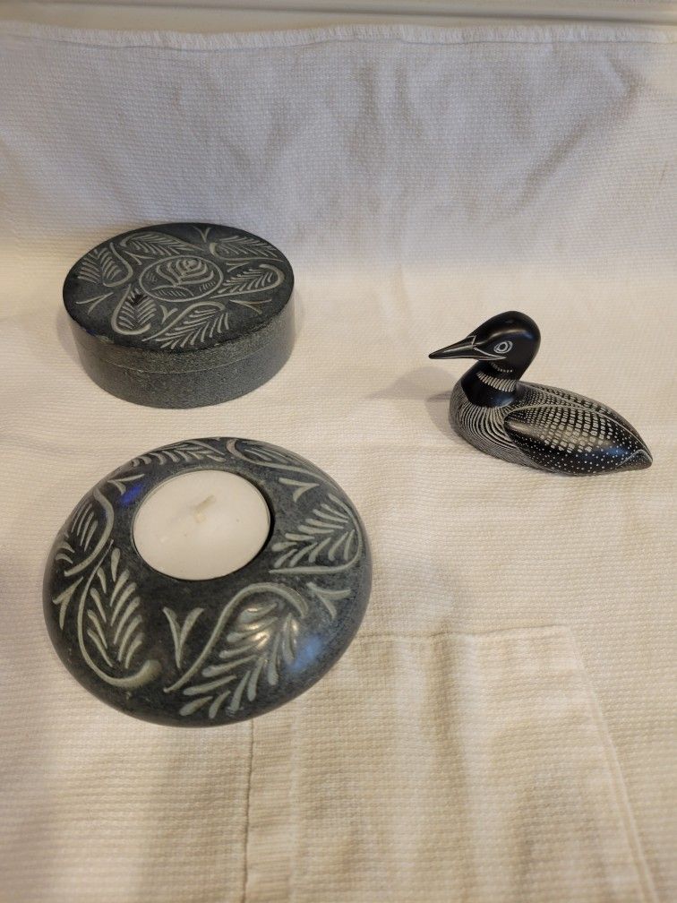 Covered Box, Votive Candle Holder And Carved Duck