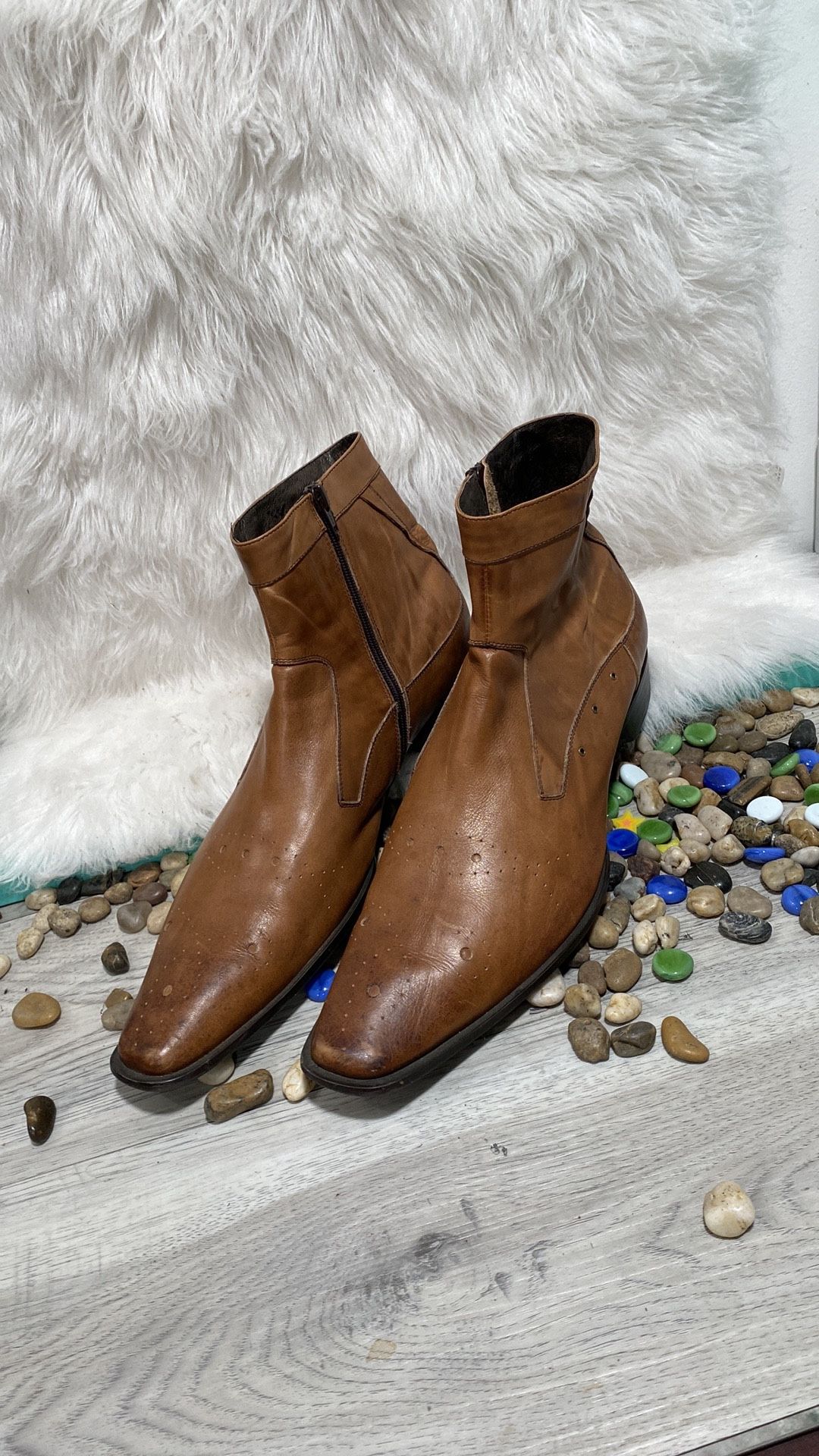 Aldo Brown Leather Long Square Toe Zip Ankle Boot Men EU 45 US 12