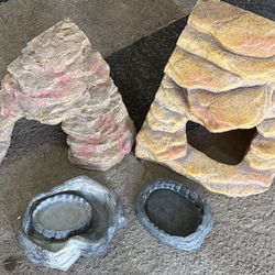 Reptile Hides And Water And Food Bowls