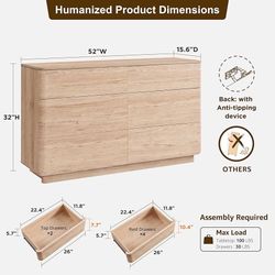 Modern 6 Drawer Dresser for Bedroom, Farmhouse 52" Wide Dresser TV Stand with Large Drawers, Natural Texture, Curved Angle for Room, Hallway and Entry