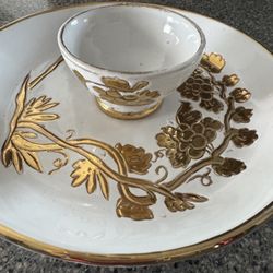 Vintage Italian Hand Painted Gold Grapes Design Platter with attached Dip Bowl Made in Italy