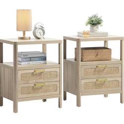 NIEWA20011WG Rattan Nightstands Set of 2 new in box Bedside Tables with 2 PE Rattan Drawers, Boho Night Stand with Open Wood Shelf, Farmhouse Bed Side