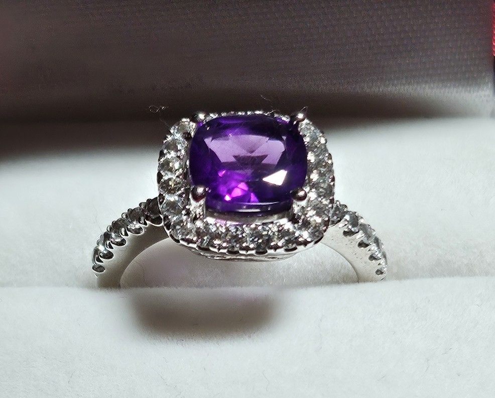 Simulated Amethyst & Diamond 925 Sterling Silver Ring