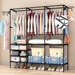 Freestanding Closet Organizer with Shelves Portable Black Hanging Rods & Storage Bins Garment Rack