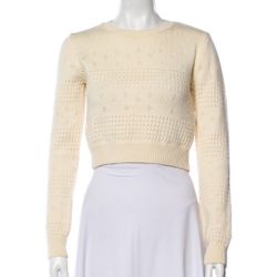 Saint Laurent Cream Pointelle Knit Crop Fisherman Sweater Light Beige XS Women