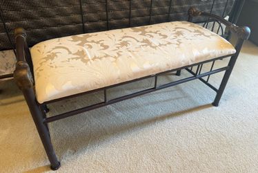 Vintage Ornate Black Metal Entryway / Bed Bench with Cream Floral Cushion