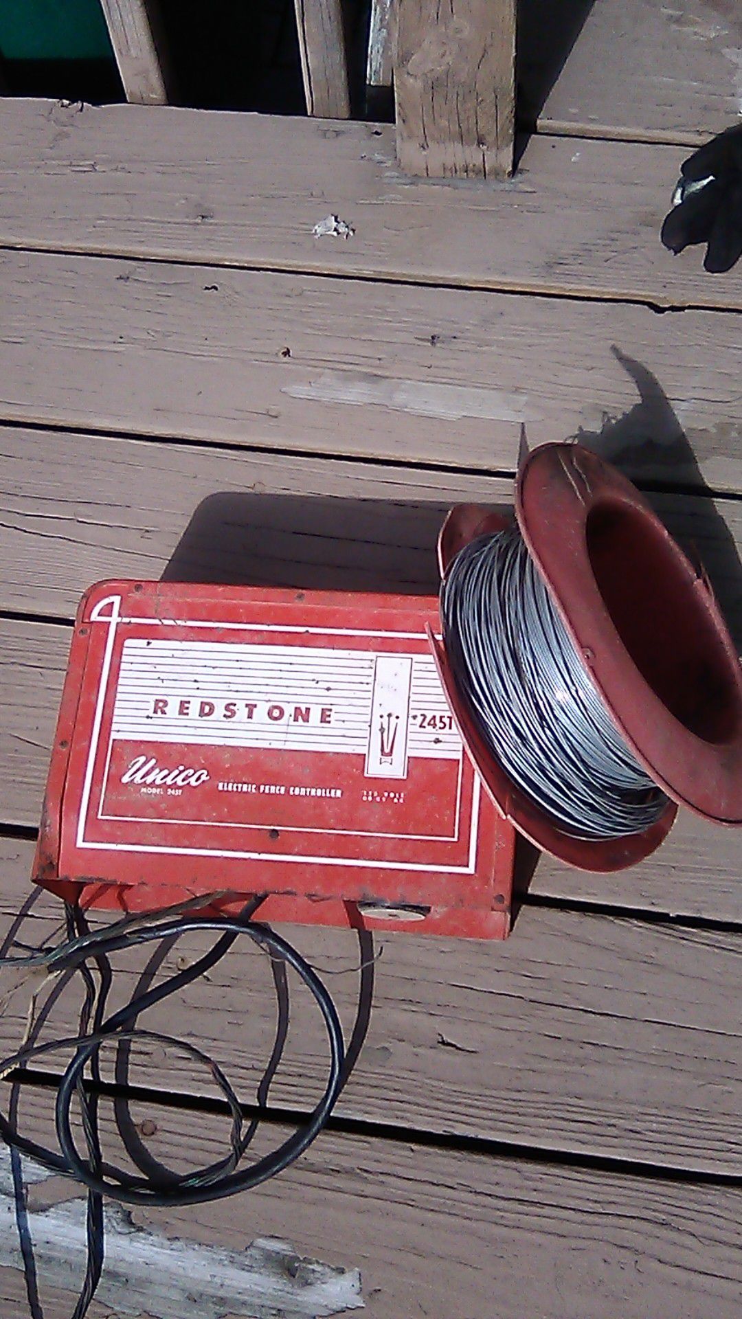 Electric fence. Controller with galvanized wire vintage