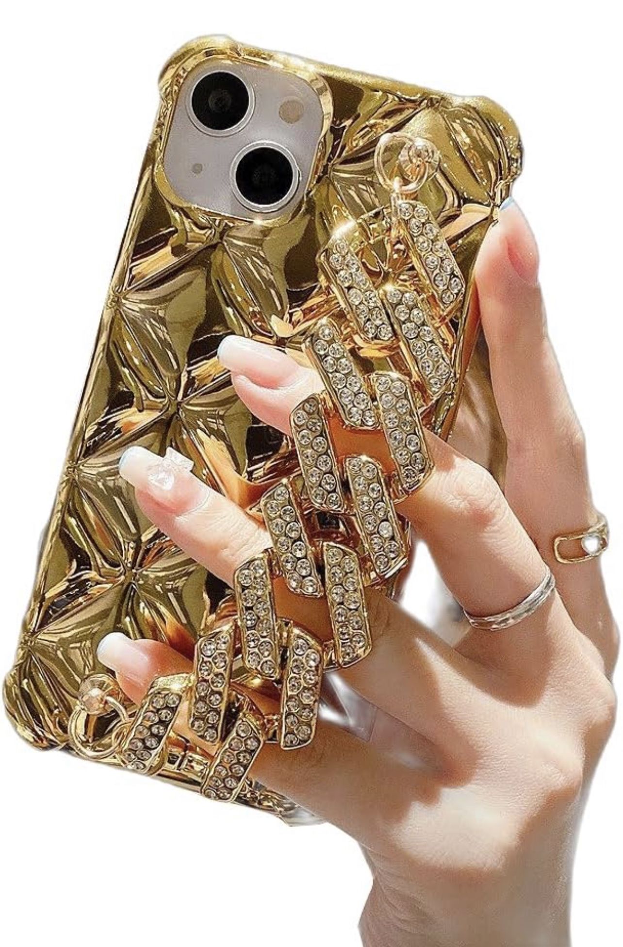 Bling Luxury Hand Strap for Women Girls, 3D Glitter Sparkle Diamond Crystal Wrist Bracket Airbags Bumper Shockproof Protective Cover Case, Gold