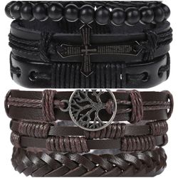 2 x Set Adjust. Size up to 9.5inc Leather Bracelet, (Cross-Brown)