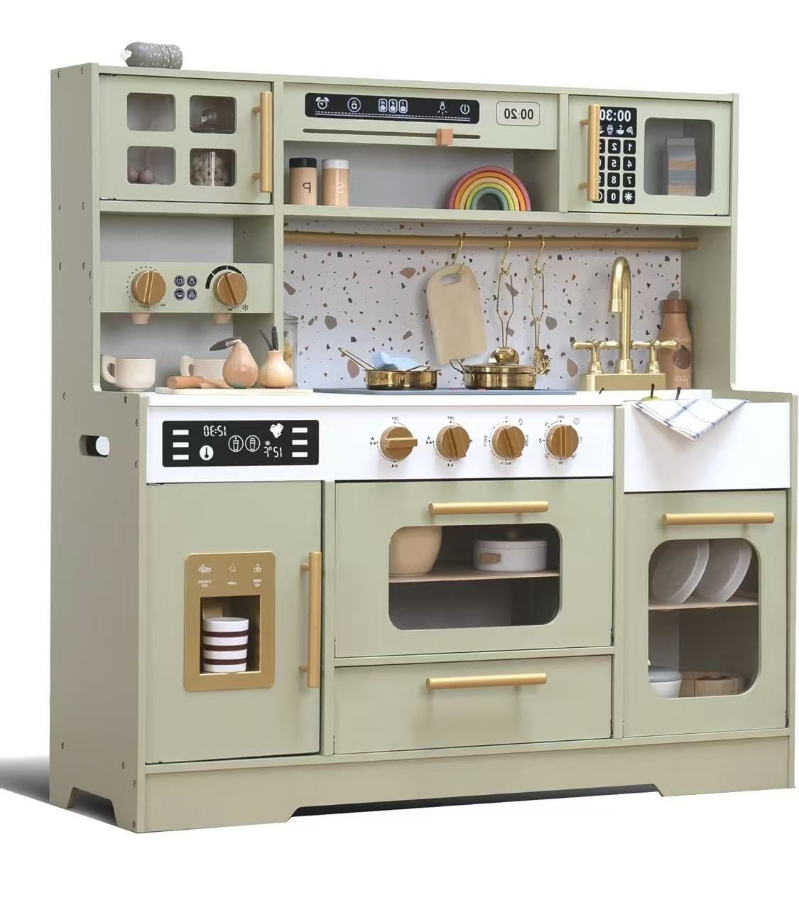 Kids Wooden Play Kitchen Set – Realistic Pretend Play Kitchen with Stove, Sink, Coffee Maker, Ice Maker & 15 Fun Accessories