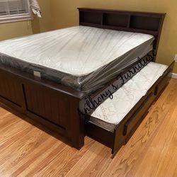 Queen Bed & Twin Trundle + 2 Mattresses 