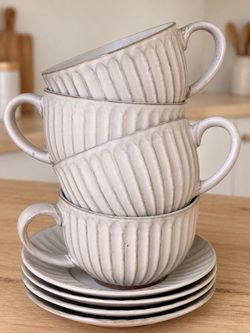 NEW IN BOX – Set of 4 Textured Ceramic Coffee Cups with Matching Saucers