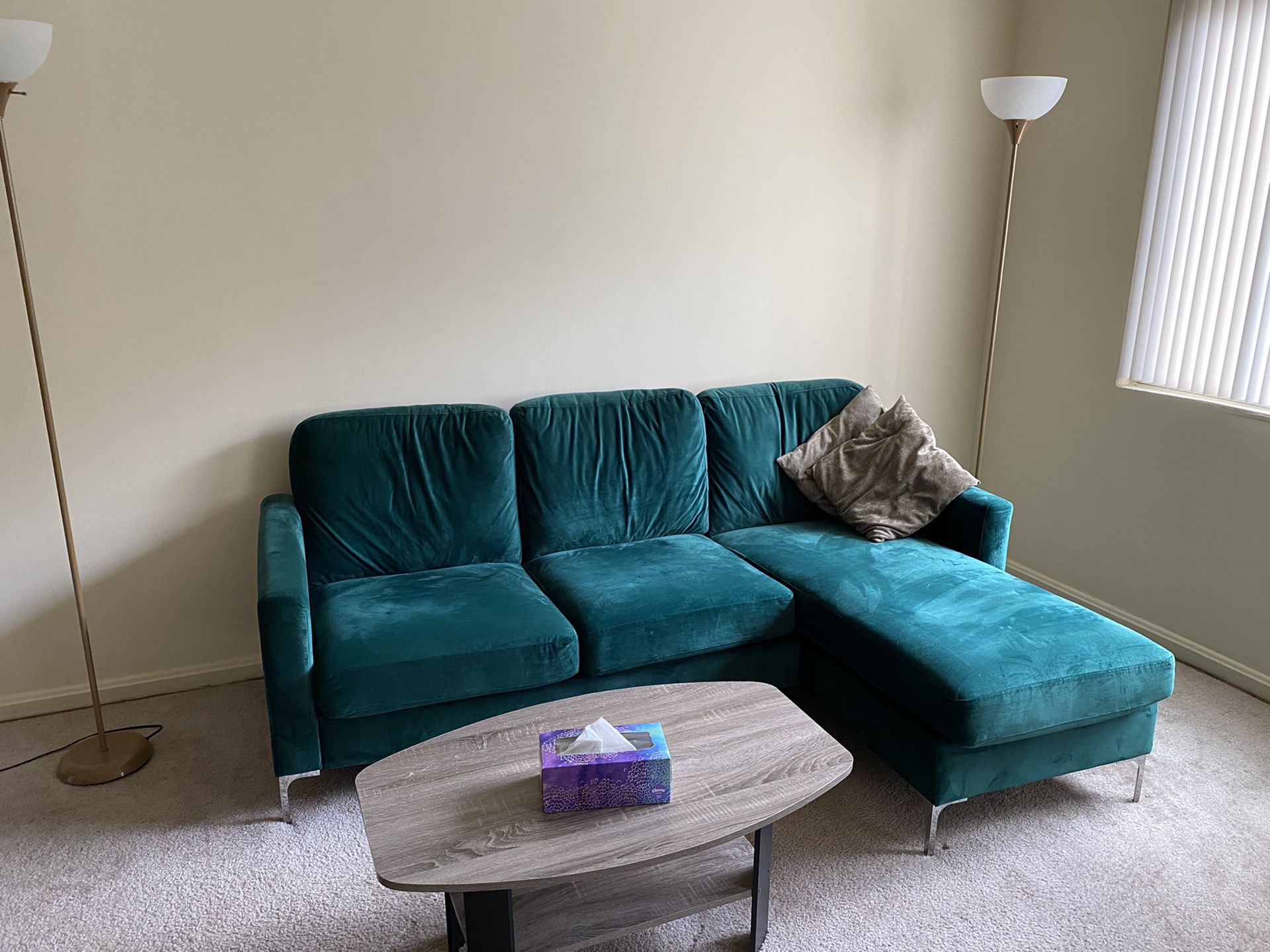 Sectional Sofa with Chrome Legs, Green and coffee table