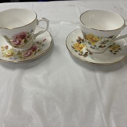 bone china saucer manufactured by Duchess in England with footed tea cups