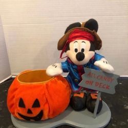 Vintage Disney Halloween Mickey Mouse Pirate Plush Pumpkin Candy Dish