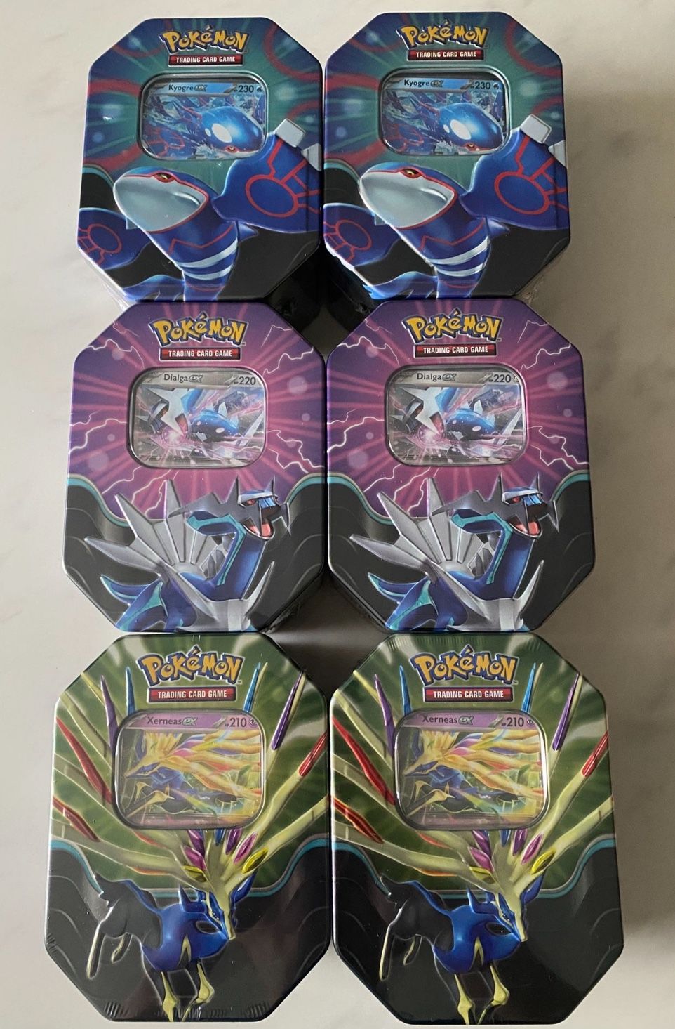 Azure Legends Tins Kyogre Xerneas Dialga Pokemon TCG Card Game Booster Packs ETB Bundle Prismatic Box Packs Destined Mega Surging Sword Scarlet