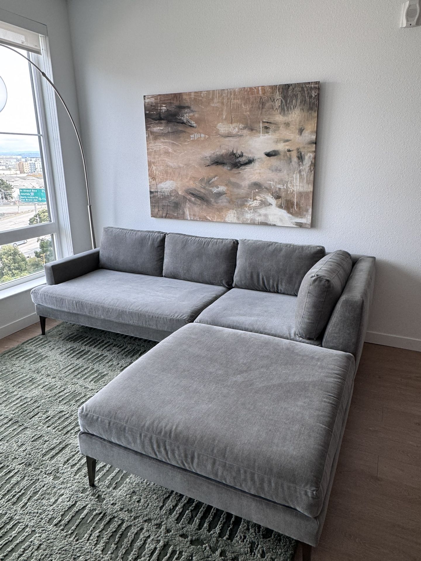 West Elm Andes Sectional Set: Left Arm 2 Seater Sofa + Ottoman, Distressed Velvet, Mineral Grey