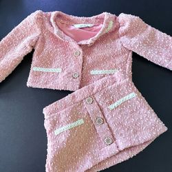 Le Chic Demure Tweed Style Pink Skirt and Jacket Se