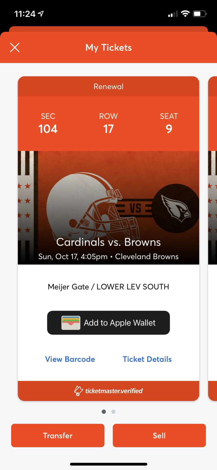 Browns Vs Cardinals tickets SEC-104