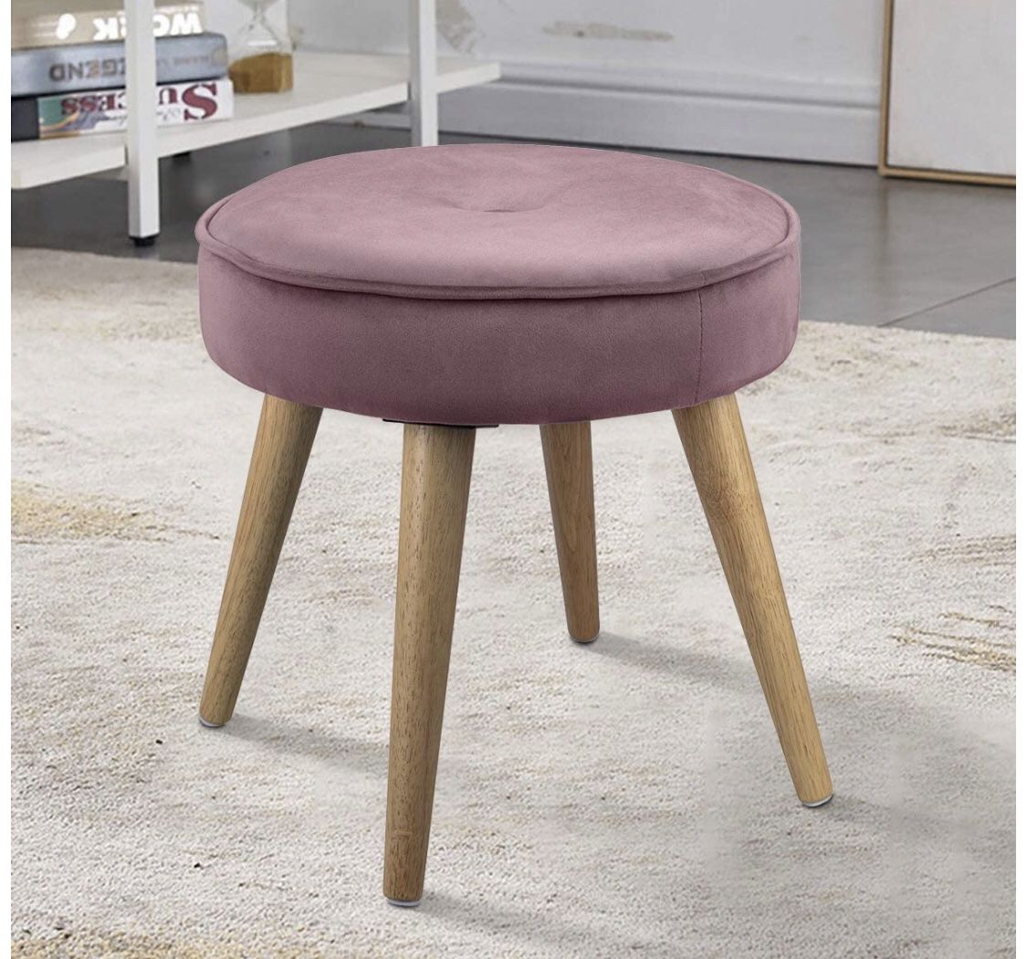 Ottoman Stool Velvet Side Table Seat, Makeup Dressing Stool with Wooden Legs for Living Room, Bedroom, Small Space Room, Office (Pink)