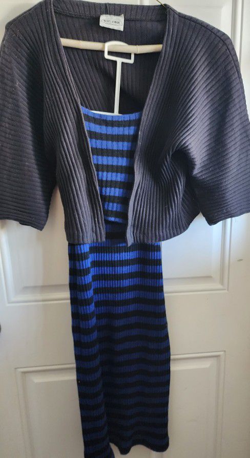 Blue + Black striped knit dress by  1045 Park for Jr size small which is a 3-5 I believe. Comes with a black knit vest, short sleeves. The very top el