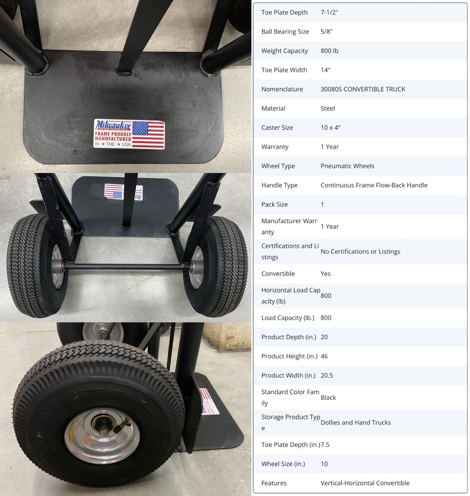 🚗  1 MILWAUKEE Heavy Duty Hand Truck/ Dolly Converter 800 lb, Pneumatic Caster Black, **USED 1 TIME**... Value $180