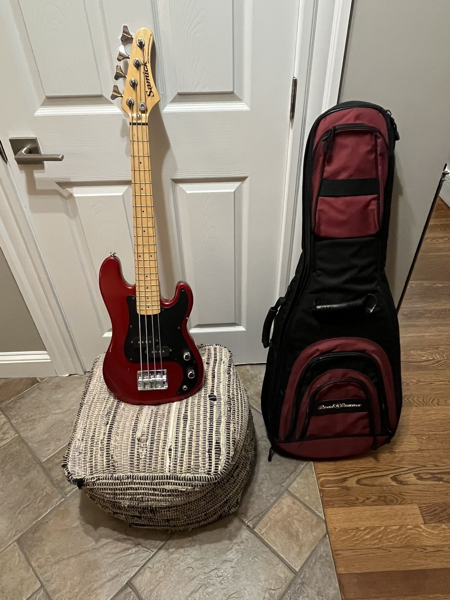 Red Samick Artist Series Bass Guitar with Carrying Case