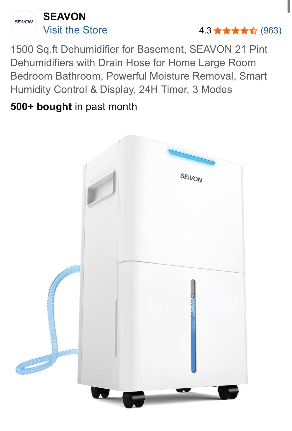 1500 Sq.ft Dehumidifier for Basement, SEAVON 21 Pint Dehumidifiers with Drain Hose for Home Large Room