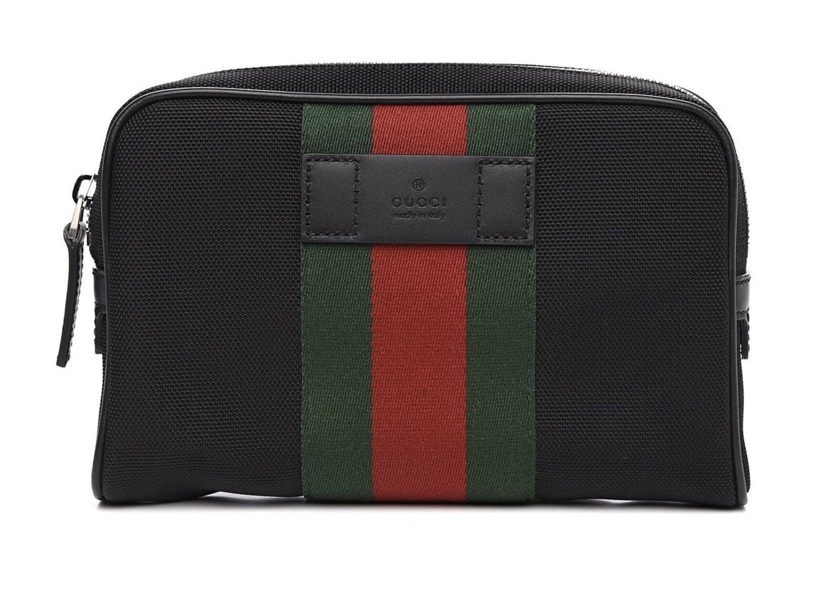 Gucci Techno Web Stripe Black Canvas Leather Trim Waist Belt Bag