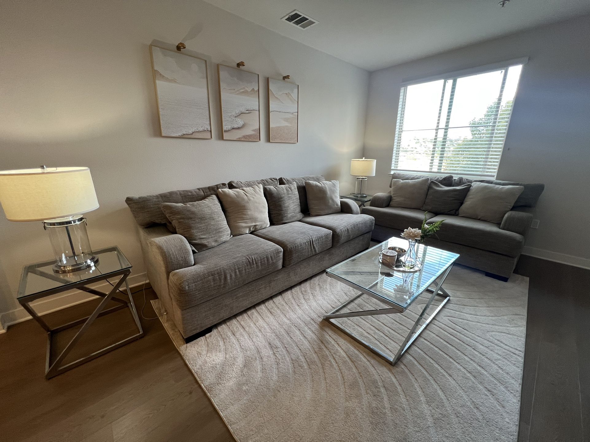 Couch W/pillows, Love Seat, Lamps, End Tables, Coffee Table