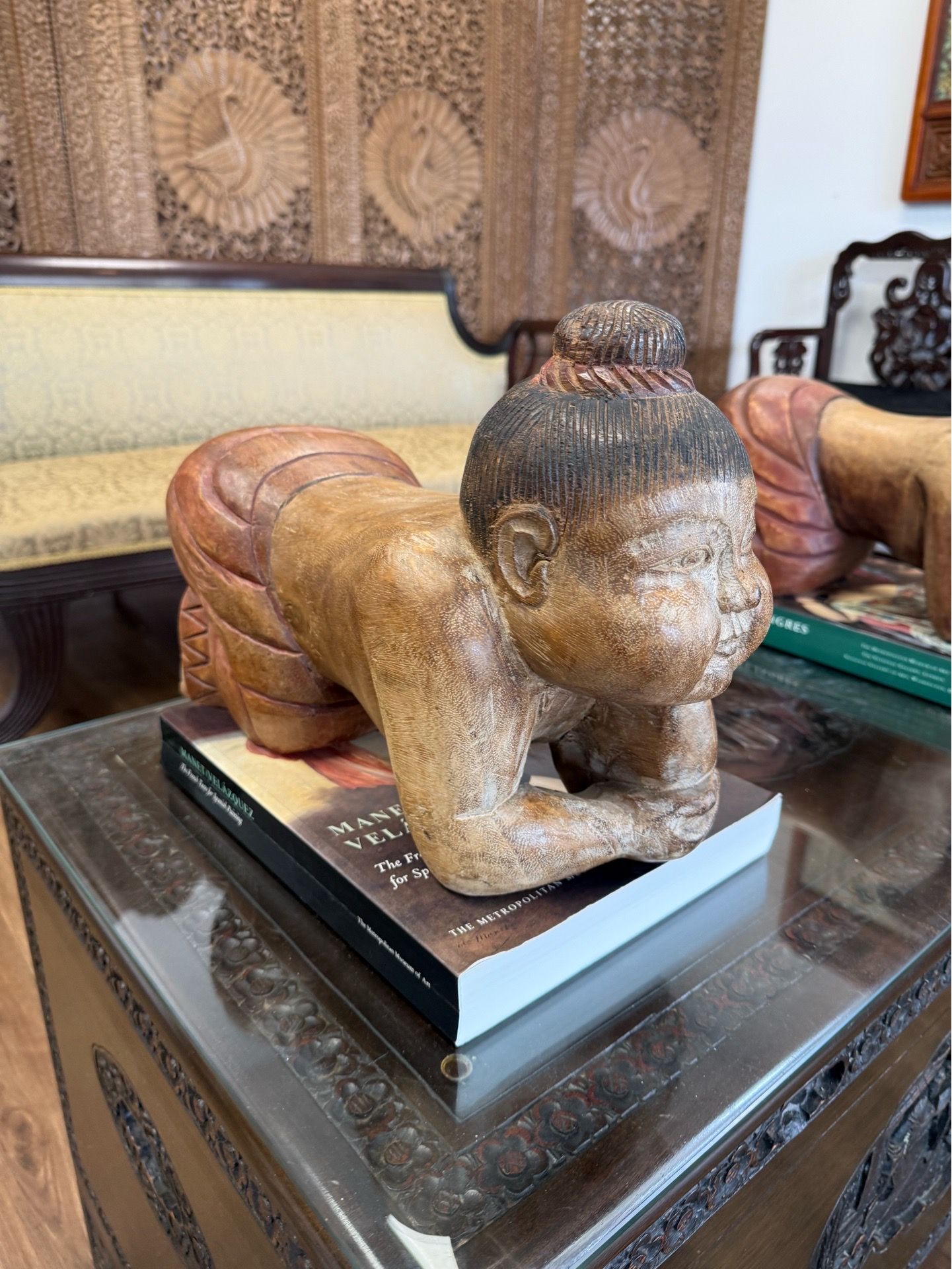 Pair of antique carved wooden Chinese opium pillows