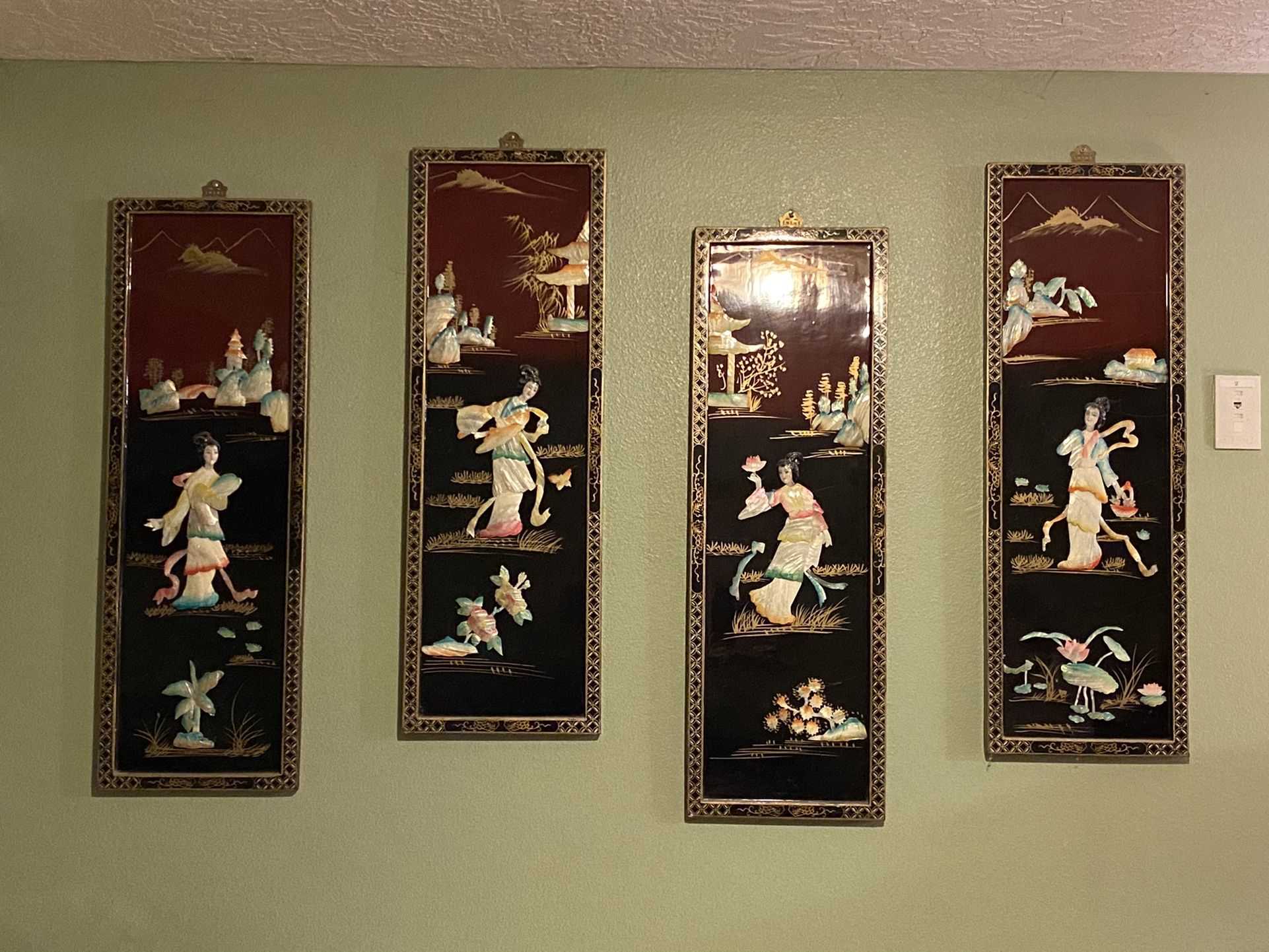 Vintage Oriental Mother Of Pearl Art Panels