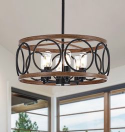 19.7" 6 Light Black Farmhouse Drum Pendant Light for Dining Room Wood and Metal, Vintage Rustic, Retro Industrial, Adjustable Height, for Kitchen Isla