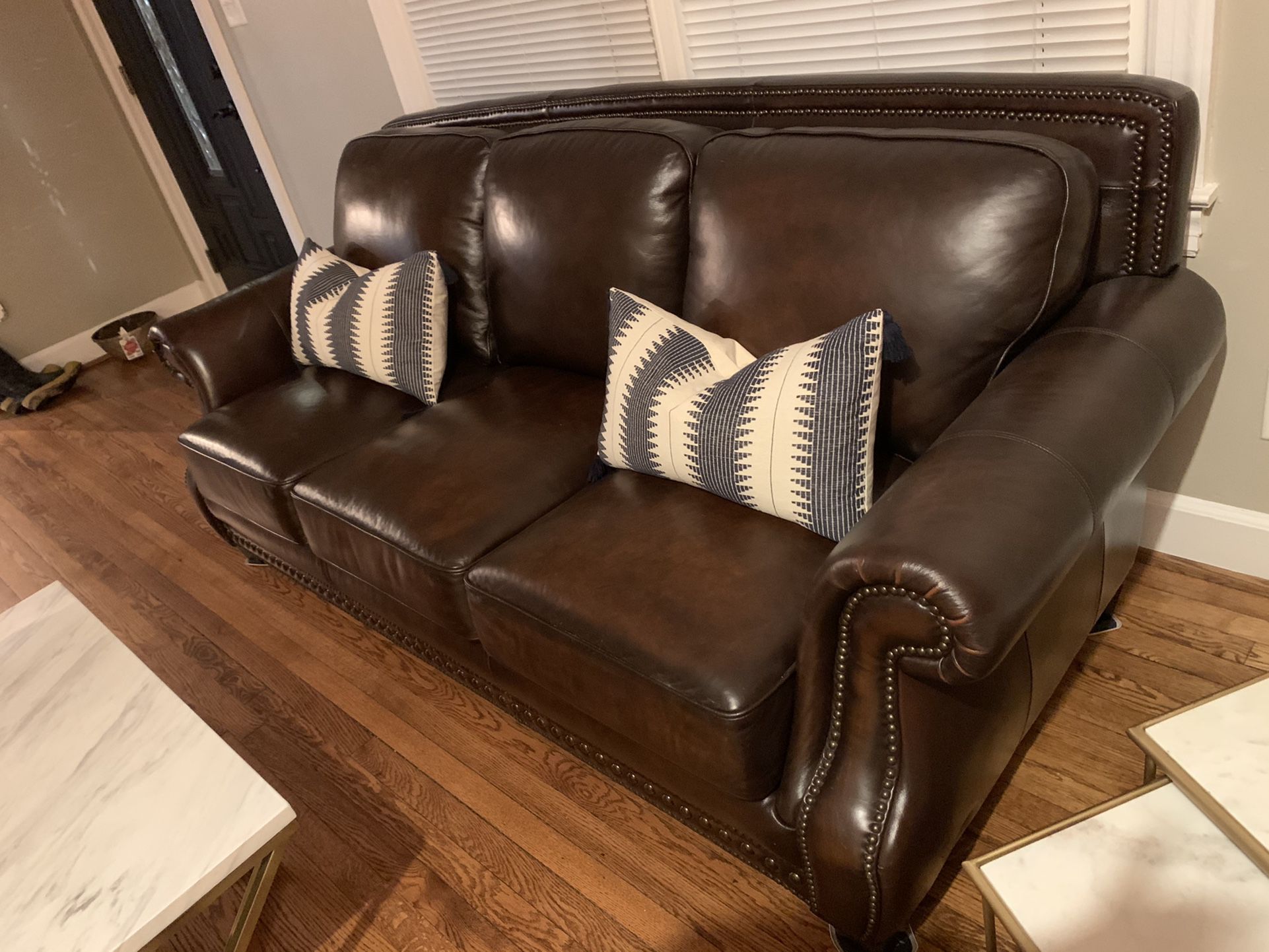 Cindy Crawford Brown Leather Sofa and Recliner