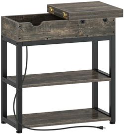Rolanstar End Table with Charging Station, Narrow Nightstand, Flip Top Side Table with USB Ports and Storage Shelves for Small Spaces, Living Room, Be