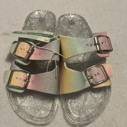 Girl Sandals Birkenstock Like Buckle Glitter Rainbow Clear NEW NWT Size 2/3