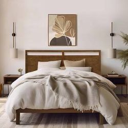 Walnut Wood Platform Queen Bed Frame